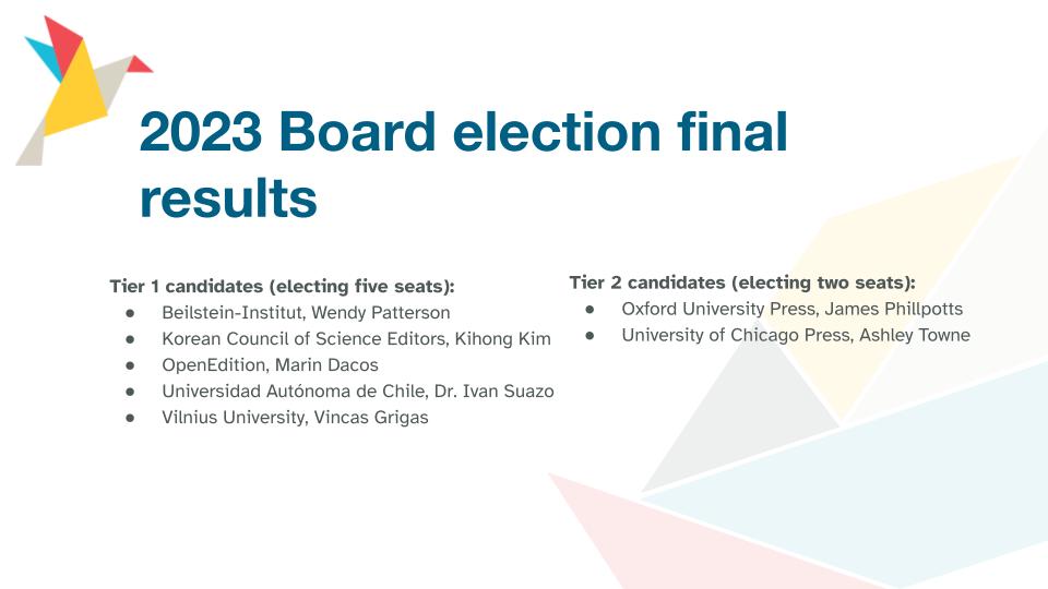 A slide showing the members elected to the Board and their representatives: In Tier 1: Beilstein-Institut, Wendy Patterson; Korean Council of Science Editors, Kihong Kim; OpenEdition, Marin Dacos; Universidad Autónoma de Chile, Dr. Ivan Suazo; Vilnius University, Vincas Grigas; Tier 2: Oxford University Press, James Phillpotts; University of Chicago Press, Ashley Towne