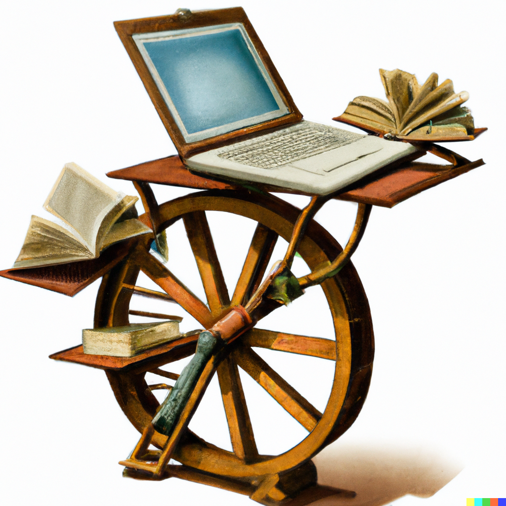 Because it is a law that all blog posts having to do with anything related to the digital humanties are required to include a picture of a bookwheel, we present an image generated by DALL·E with the folloiwng prompt: 'A bookwheel in the style of the 16th-century illustration by Agostino Ramelli and where the books are replaced by open laptops'